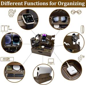 Table de chevet fonctionnelle en bois d'acacia avec organisateur, station d'accueil pour téléphone, tiroir, table de chevet, table de chevet, téléphone portable, montre, clés - Product Image 5