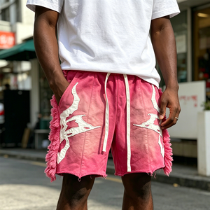 <b>Men</b> Vintage Washed Fuzzy Fringe Sweat <b>Shorts</b> Custom <b>Patch</b> Embroidery Oversized Baggy Streetwear <b>Shorts</b> OEM ODM Low MOQ 50PCS - Product Image 3