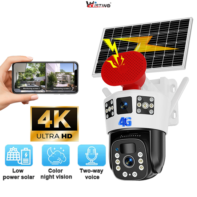 Wistino 8MP Outdoor Dual Lens Three Screen 4G Camera AI Automatic Tracking Two Way Voice Smart Wireless Solar Security Camera