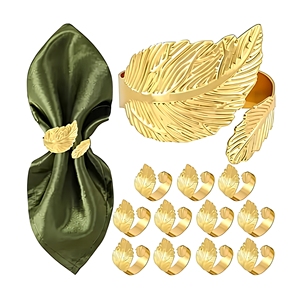 Anneaux de serviette en métal vintage/orné, design feuille inspiré de la nature, design européen, écologiques, durables, accessoires de table de luxe dorés - Product Image 1