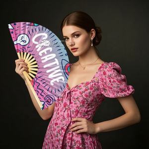 Ventilador de mano plegable de bambú grande personalizado de 33cm para regalo de promoción de negocios o deporte - Product Image 2