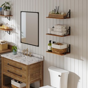 Wooden Wall Shelf With Iron <b>Bracket</b> 2 Tier Rectangle Durable Storage Rack - Product Image 2