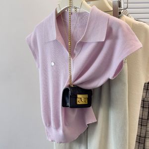 Maglione Estivo da <span class=keywords><strong>Donna</strong></span> 2026 in Seta Ghiaccio con Colletto, Top a Maniche Corte di Alta Qualità, Stile Normcore/Minimalista - Product Image 1