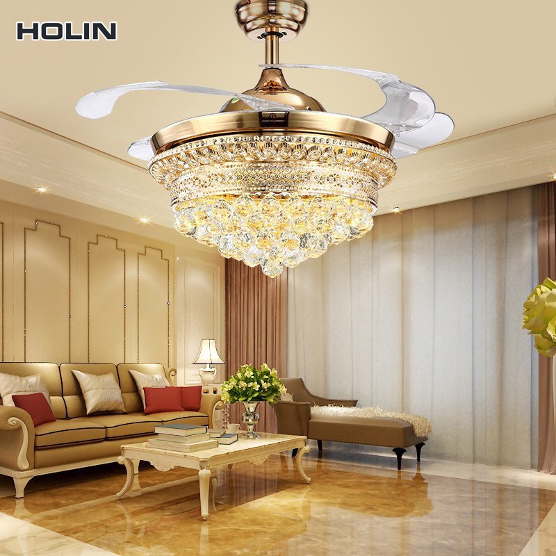 Wholesale 42-inch Gold Deluxe Acrylic Retractable DC Remote Control Invisible Crystal Chandelier Fan Lamp Ceiling Light with Fan