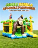 Structure gonflable Gorille avec toboggan, thème jungle safari, parcours d'obstacles, pour fêtes d'enfants, aire de jeux, certifiée CE EN14960