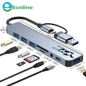 Eonline-Station d'accueil USB HUB 3.0 3D 8 en 1, 5Gbps, répartiteur USB haute vitesse, adaptateur OTG de type C à USB