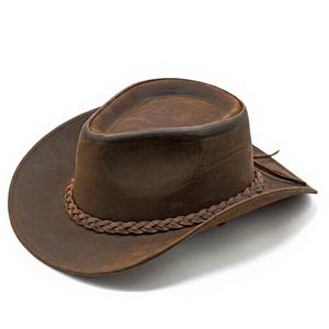 Leather Cowboy <b>Hat</b> Unisex Casual Outdoor Winter Travel Adjustable Fit 56-58CM Brown Braided <b>Band</b> Fedora Style - Product Image 1