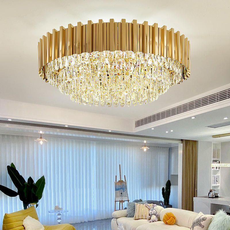 Luxury Hotel Room Fancy Yellow Glass Crystal Ceiling Lamp Round Ring Shaped Popular Gold Crystal Ceiling Light