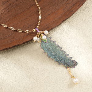 <span class=keywords><strong>Collier</strong></span> tendance en Y pour femme, plaqué or 18 carats, avec pampilles en fausses perles et motifs géométriques uniques en plumes naturelles coupées - Product Image 4