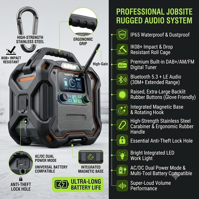 Rugged IK08 Impact Resistant Bluetooth 5.3 Heavy Duty Jobsite Radio for Construction Sites