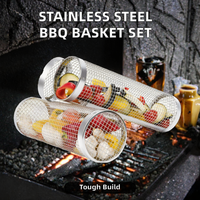 Ensemble de 2 paniers de cuisson roulants en acier inoxydable – Paniers grill cylindriques résistants à la chaleur avec poignée et crochet pour barbecue, outils pratiques