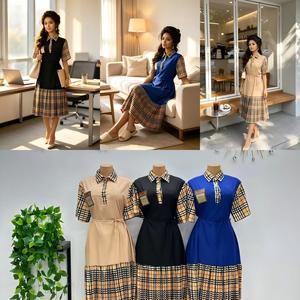 <span class=keywords><strong>Abito</strong></span> <span class=keywords><strong>Midi</strong></span> a Quadri con Patchwork alla Moda, Maniche Corte, Vita Annodata, Pieghe e Bordi Arricciati, per Ufficio e Uso Quotidiano - Product Image 1