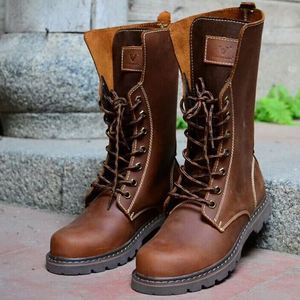 Botas de Tobillo de Cuero Genuino para Hombre, Botas de Trabajo de Motero Retro de Moda, Impermeables, Antideslizantes, con Cordones, para Invierno y Otoño - Product Image 1