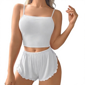 Women <b>2</b>-<b>Piece</b> Breathable Sexy Knitted Lounge <b>Set</b> Sleeveless Crop Top Elastic Waist Shorts Solid <b>White</b> Summer Casual Wear Front - Product Image 3