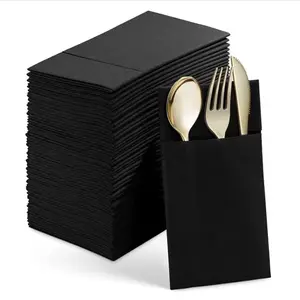 Disposable Cloth Lint-free Napkins Built-in Flatware Pocket Linen Feel White Black Paper Napkin Pre folded for Silverware