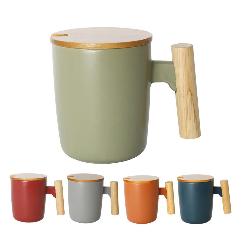 Venta al por mayor Logo Artículos de regalo Mango de madera Tazas de café de cerámica Tazas con caja de color Embalaje Taza de cerámica con tapa de Bambú