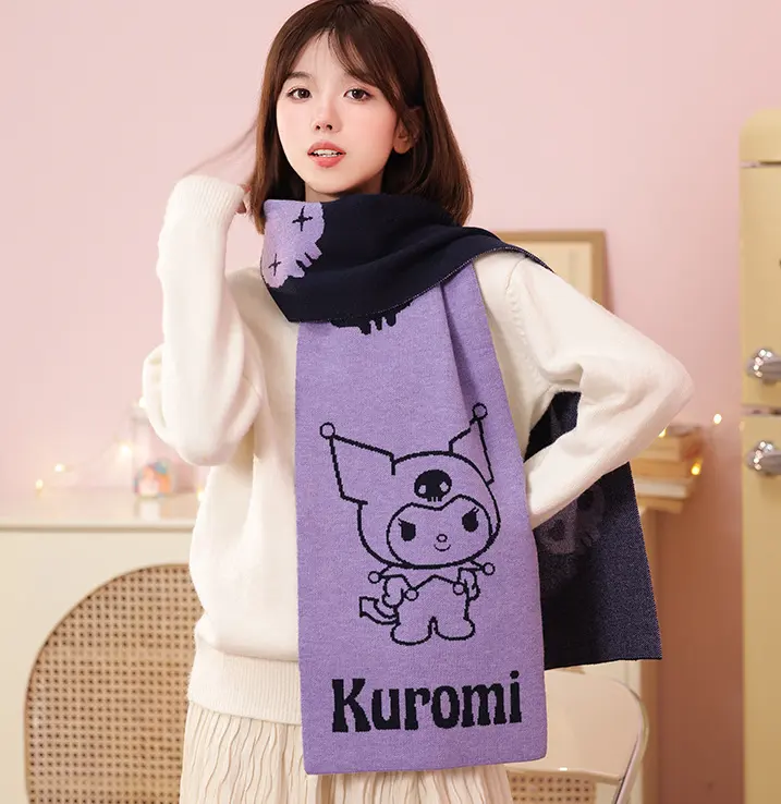 Ruunjoy khăn aninme thời trang mùa đông mới khăn quàng cổ dài hoạt hình kuromi giai điệu kuromi Anime dễ thương Khăn Quàng Cổ Dệt Kim ấm áp cho người lớn