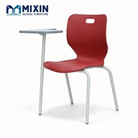 Chaise d'étudiant avec tablette intégrée, tablette d'écriture, coque moulée rouge, structure en acier blanc pour salle de classe, conférences, lecture