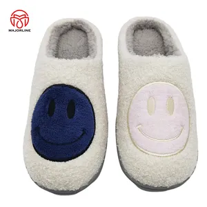 OEM Hot Sell Smile Face Embroidery Animal CYMK Print Ladies Memory Foam Faux Fur Slipper Knitted Fleece Lined Super Soft Shoes