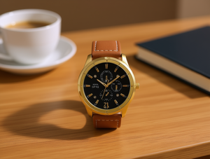 Orologio da uomo con cassa rotonda placcata in oro, cinturino in pelle, cronografo, orologio alla moda - Product Image 2