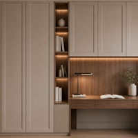 Armoires de bureau avec rangements à cadre taupe, bureau couleur noyer et étagères lumineuses