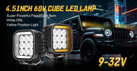 Lampe de travail LED carrée 4,5 pouces 60W P9 6000K+DRL 9-32V, éclairage auxiliaire externe pour montant A, pare-chocs, porte-bagages