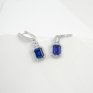 925 silver emerald cut sapphire <b>earrings</b> with double circle surround <b>earrings</b> - Product Image 3