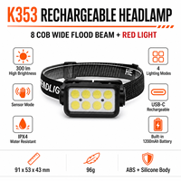 Linterna frontal LED COB con sensor K353, diadema ajustable, recargable por USB, luz roja, IPX4, para camping, senderismo, trabajo, suministro de fábrica OEM