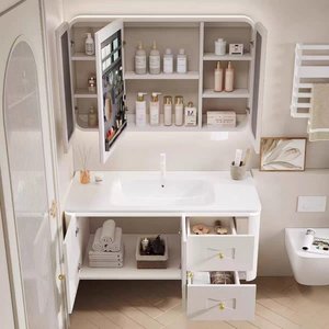 Pink French-style ceramic integrated <b>bathroom</b> sink smart butterfly mirror wall-mounted <b>bathroom</b> <b>vanity</b> - Product Image 5