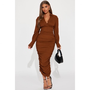 Robe chemise femme de haute qualité, style personnalisé, avec logo texturé, manches longues, dos froncé, fermeture éclair, taille naturelle, lavable - Product Image 1