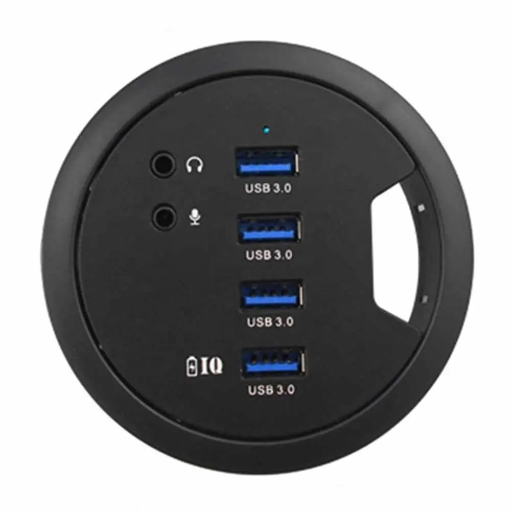 High speed 80mm Hole hidden mount in desk smart round 4 ports USB 3.0 data transfer charging hub with 2 audio video port