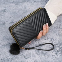 2025 à la mode femmes coréen Double fermeture éclair pochette portefeuille V broderie boule de poils nouvelle Position multi-cartes longue durée Polyester