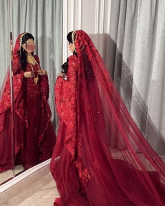 Robes de <span class=keywords><strong>soirée</strong></span> pour femmes en cristal luxueuses de Dubaï à manches longues avec appliques rouges personnalisées et voile - Product Image 5