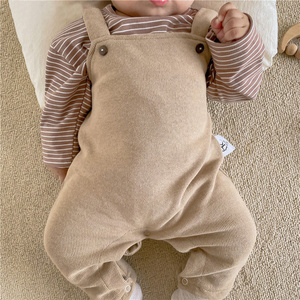 Mono de una pieza para bebé recién <span class=keywords><strong>nacido</strong></span> con tirantes, botones y rayas, de canalé marrón, para primavera, ropa de bebé, conjunto de regalo, pelele - Product Image 4