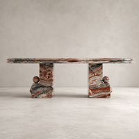 Table à manger de luxe Monica en marbre rouge ovale, sculptée à la main, avec un magnifique lion, base double, pour une décoration haut de gamme du salon