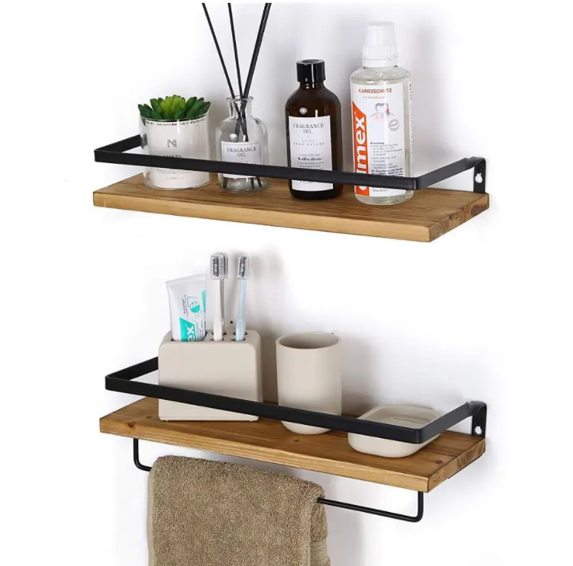 Metal structure design Wall Mounted Floating Storage Shelves Wood Rack with Towel Bar