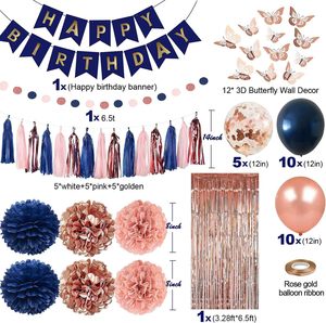 Décorations de fête d'anniversaire et de remise de diplôme bleu marine et or rose - Rideaux à franges, nappe en aluminium, confettis, ballons, bannières papillons - Product Image 2