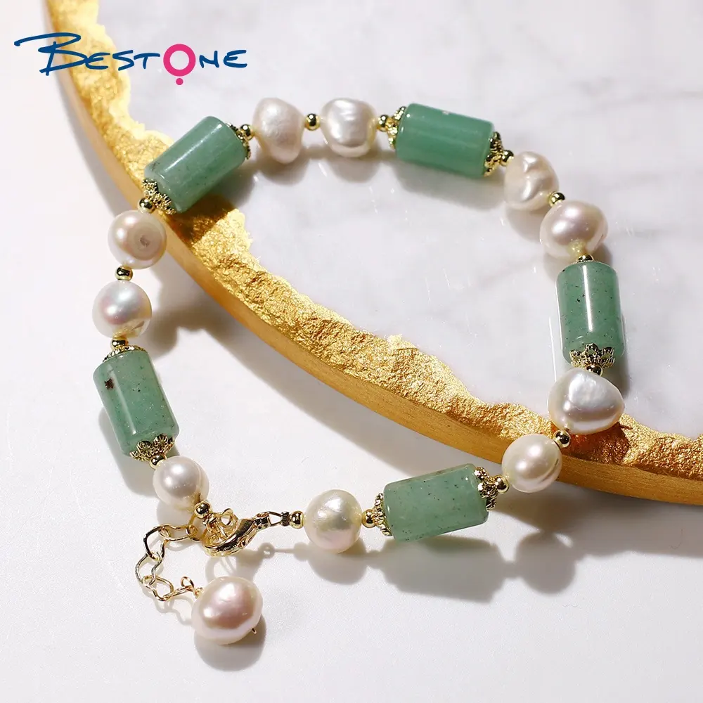 Bestone 2022 Fresh Water Pearl Green Aventurine 8mm Natural Stone Beads Bracelet 14K Real Gold Plated Bracelet