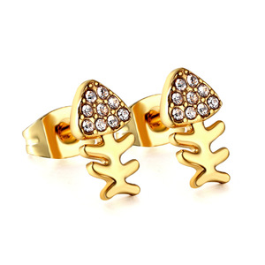 Boucles d'oreilles clous en forme d'arête de poisson avec incrustation de strass en acier inoxydable couleur or et argent, bijoux de mode - Product Image 5