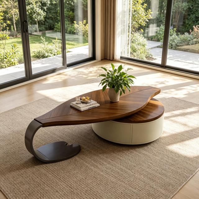Italian Minimalist Curved Leaf Coffee Table Walnut Veneer Top Round Storage Base Decorative Center Table for Villa Apartment