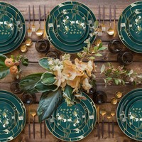 Services de table en porcelaine fine vert foncé pour mariage, assiettes à pain et assiettes plates au design moderne et écologique