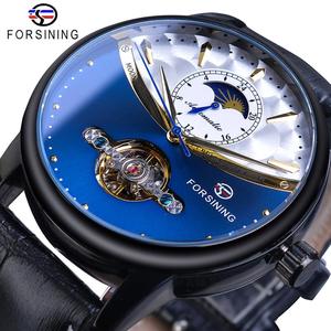 Reloj Automático Forsining Royal Blue Tourbillon para Hombre, Fase Lunar, Correa de Cuero Genuino Negra, Relojes Mecánicos, Otomatik Erkek Saat - Product Image 1