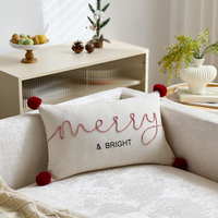 Housse de coussin lombaire de Noël Joyeux et Lumineux, broderie tissée avec pompon rouge pour la décoration intérieure du canapé