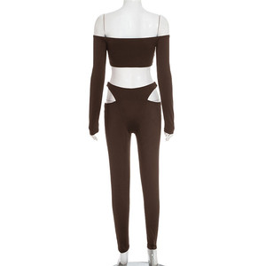 Set pakaian ketat wanita, atasan Crop kerah Slash + legging berongga pinggang tinggi yang cocok pakaian olahraga kasual 2 potong - Product Image 6