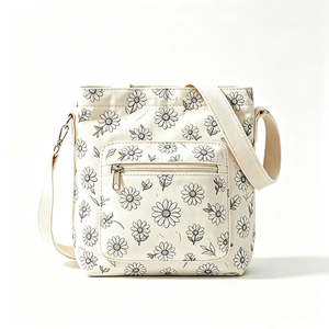 Borsa a Tracolla in Tela con Stampa Margherite Nere, Mini Borsa a Secchiello da <span class=keywords><strong>Donna</strong></span> con Tasca Frontale con Cerniera, Borsa a Spalla Casual per Uso Quotidiano - Product Image 1