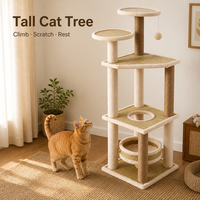 En gros Arbre à chat moderne en bois à cinq niveaux avec poteaux en corde de sisal naturelle, plateformes de observation, grand condo pour chat et ouverture de fenêtre panoramique