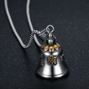 Collar con colgante de campana chapado en oro de acero de titanio yunnique con mantra sánscrito para regalo unisex, joyería - Product Image 1
