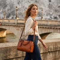 Bolso Boston de Cuero Genuino Vintage, Resistente al Agua, para Mujer, con Asa Superior, Correa de Hombro Ajustable, Color Cognac