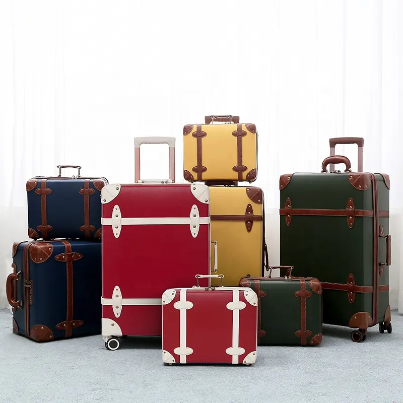Custom baule rosso manico 24 pollici in pelle pu con materiale pu grande valigia vintage con ruote e trolley bagaglio da viaggio retrò