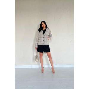 Camisa informal de popelina a cuadros beige con botones para mujer, blusa de uso diario - Product Image 6